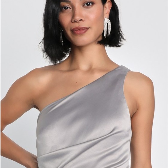 Lulus Dreaming of Elegance Grey Satin One-Shoulder Maxi Dress! - Picture 2 of 4